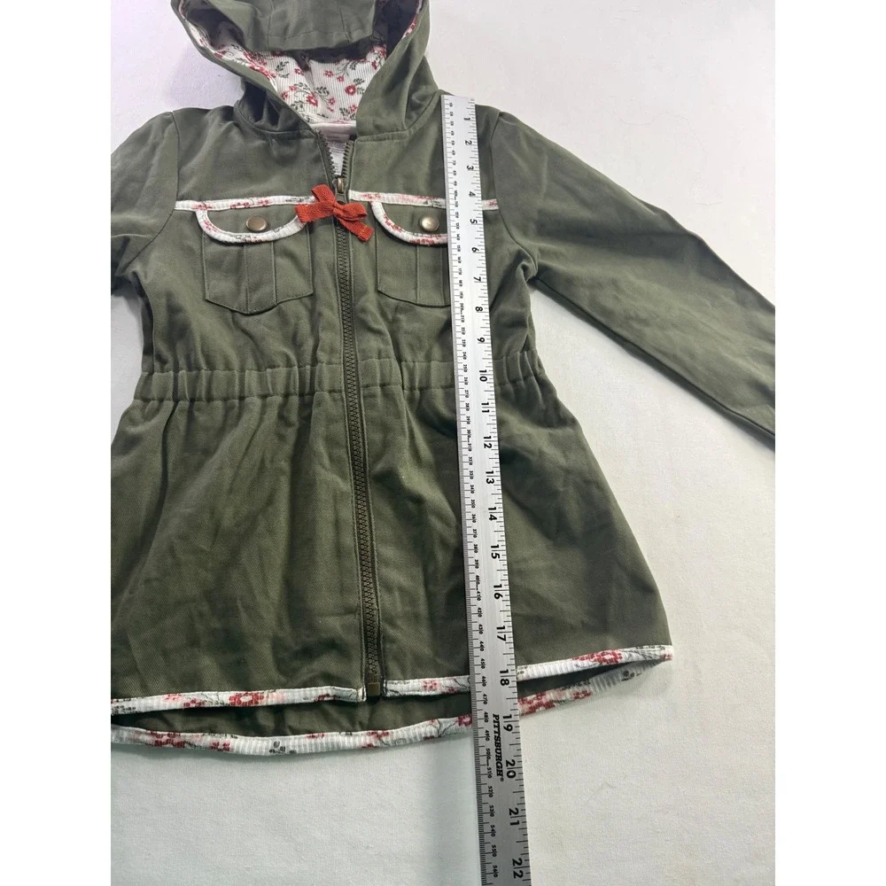 Little Lass Girls Olive Green Floral Lined Hooded Utility‎ Jacket Size 5